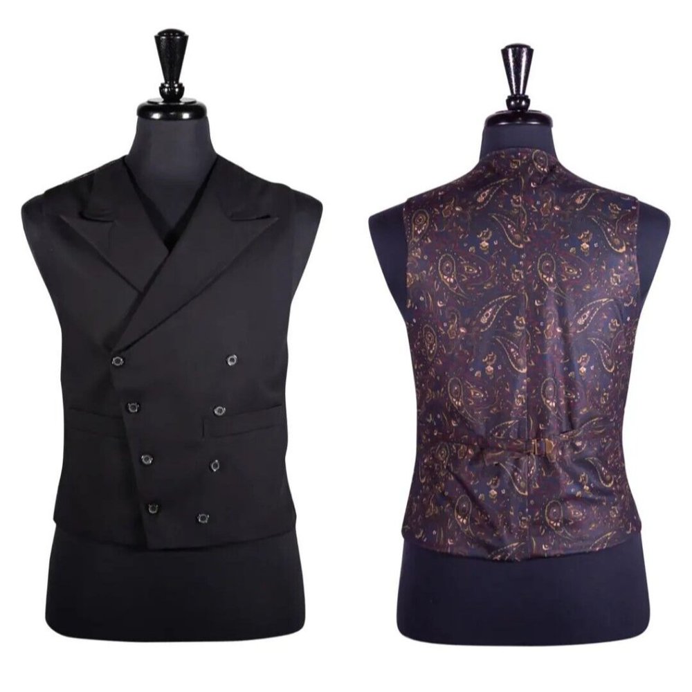 Mens Double Breasted Vest Black Wool Handmade Formal Tuxedo Wedding Waistcoat 38